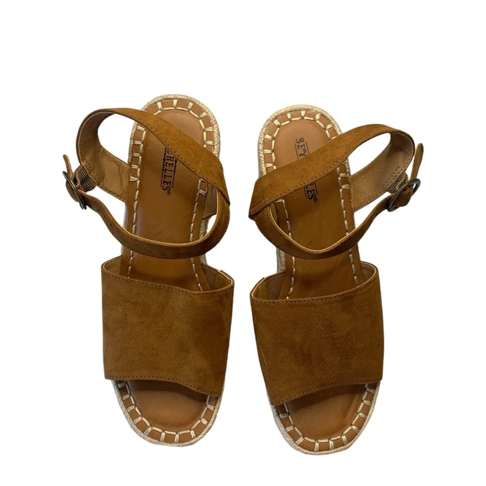 Seychelles Saddle Brown Faux Suede Leather Platform Wedge Espadrilles Size 7.5